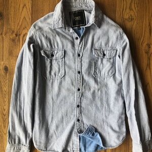 obey 2010 mens smal  long sleeve button down railroad stripe chambray blue